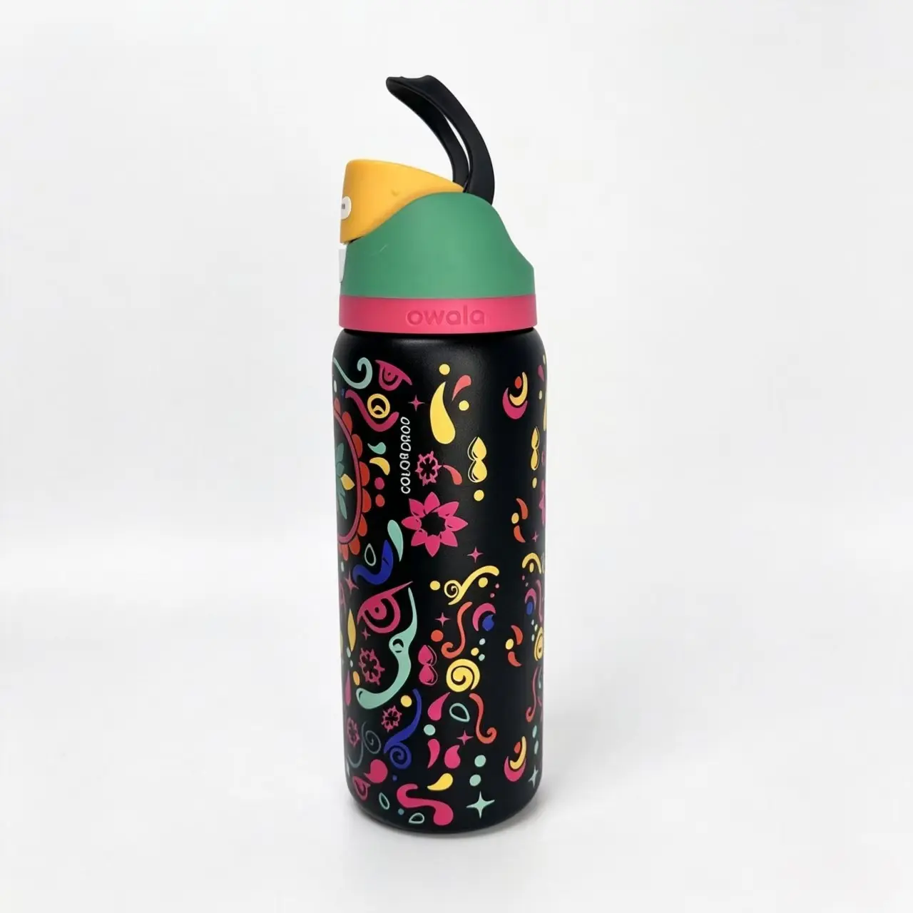 Owala 32oz FreeSip Insulated Water Bottle, Black Colorful Sugar Skull Calavera Floral Swirl Print Stainless Steel Flip Top Bottle with Built-in Straw, Leakproof Day of the Dead Aesthetic Reusable Thermal Cup for Gym, Travel, Halloween & Daily Hydration
