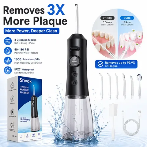 Cordless Water Flosser for Adults - Rechargeable Oral Irrigator with Type-C Cable, 3-Way Modes, 6 Replaceable Jet Tips, 300ML Tank, IPX7 Waterproof, Sensitive Hypoallergenic Plastic Parts, Travel Size, Anticavity Care, Office/Travel Portable