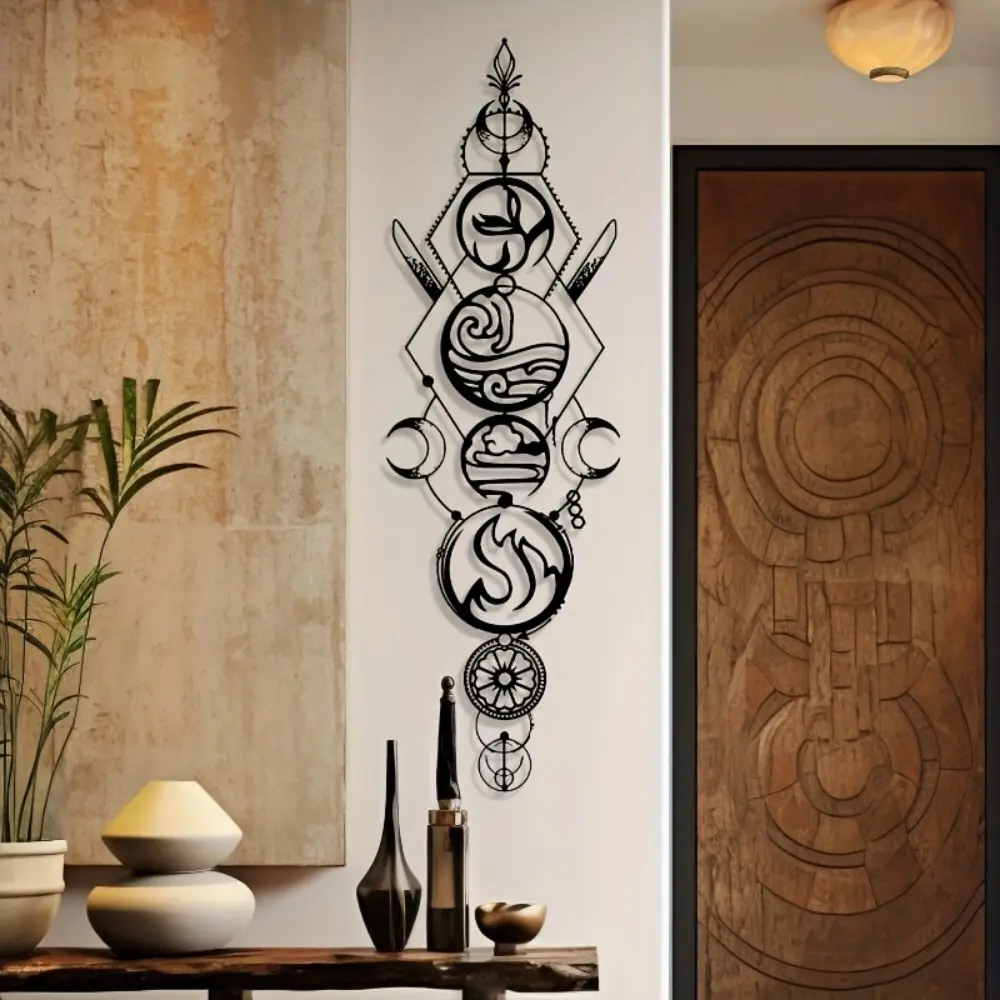 1pc Four Elements Metal Wall Art - Fire, Water, Earth, Air Geometric Sculpture with Sun and Moon Motifs, Vintage Iron Wall Decor for Living Room or Bedroom, Unique Birthday or Christmas Gift, Bedroom Wall Art | Vintage Wall Art | Symbolic Design