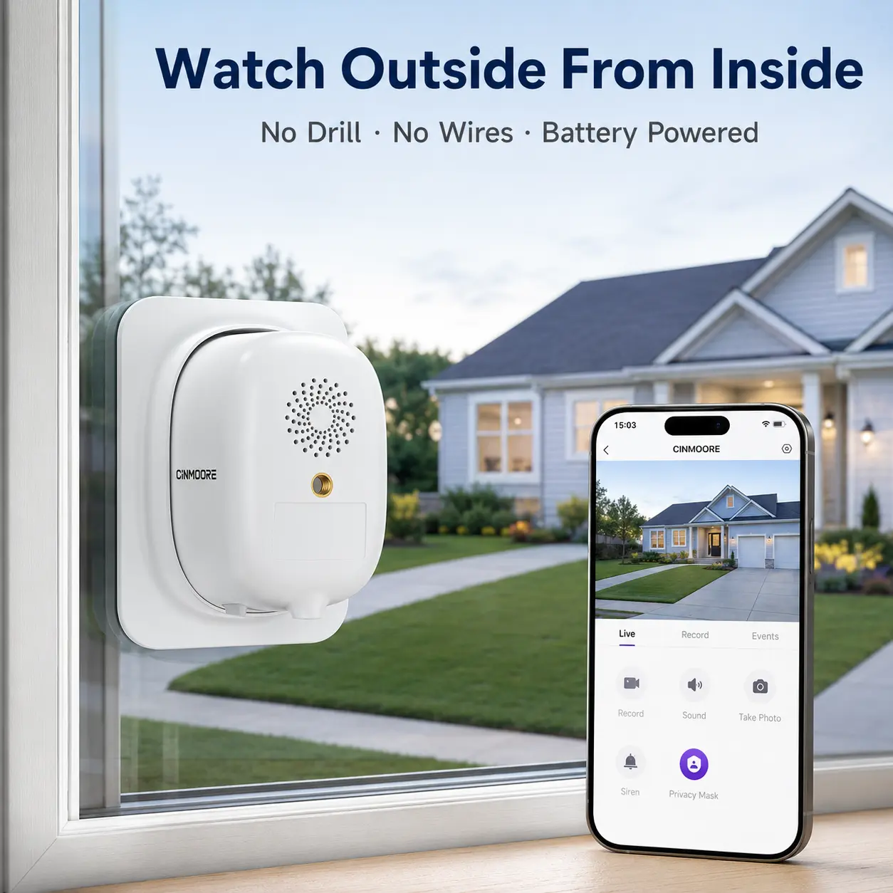 CINMOORE 2.5K Wireless Window Camera, Weatherproof Security Camera for Home, Rechargeable Battery Powered, AI Motion Detection, Color Night Vision, 2.4GHz WiFi, Local Storage, Cameras for Home