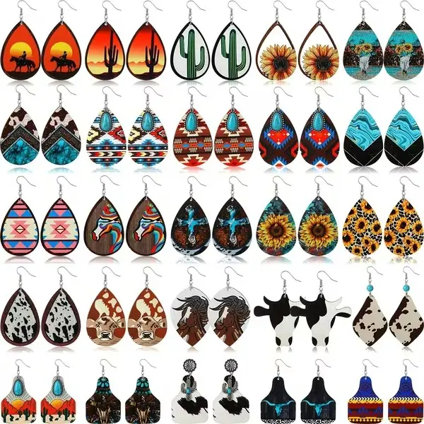 25 Pairs Western Cowboy Earrings Jewelry Set for Women - Handmade Boho Vintage Turquoise Cow Print & Wood Teardrop Dangle Earrings