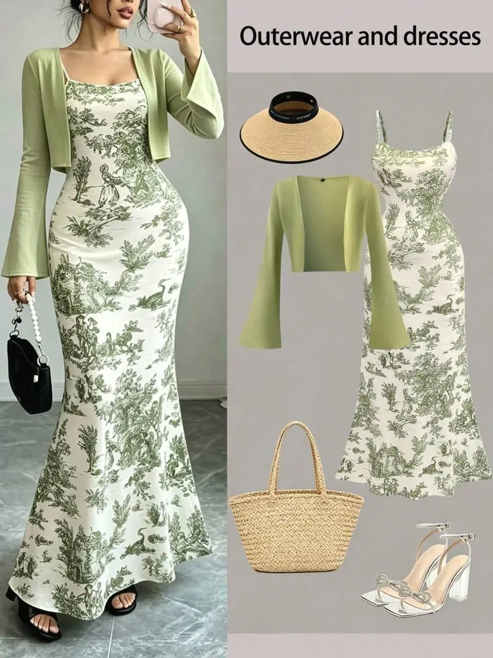 Women's Elegant Solid Color Flare Sleeve Knit Cardigan + Fitted Floral Print Dress