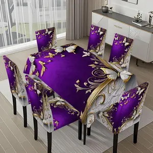 5/7-piece 2D Flat Printing Happy Spring Purple and Gold Butterfly Decoration Printing Pattern Tablecloth and Chair Cover Set, for dining table and chair decoration, perfect for home, holiday gatherings, restaurants, and parties.