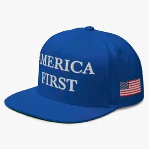 Blue America First Hat with Embroidered Text and American Flag Patch for Patriotic Wear