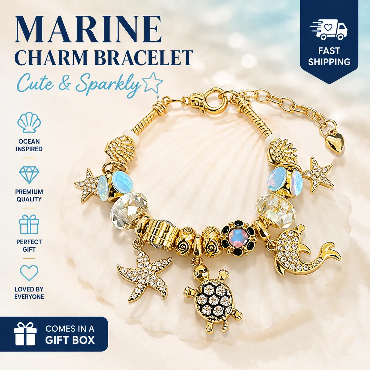 Ocean Beach Charm Bracelet, Gold Adjustable Snake Chain Beaded Bracelet, Rhinestone Dolphin Starfish Turtle Opal Crystal Seashell Wrist Jewelry, Summer Marine Themed Gift for Beach Lovers Women Teen Girls