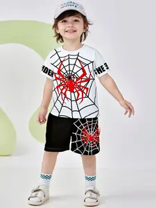 Boys' Spider Pattern Printed Short Sleeve T-Shirt and Shorts Set, Comfortable Summer, Casual Loose Fit, 2 Piece Set