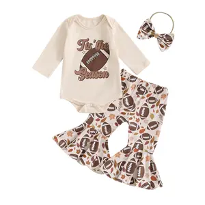 Newborn Baby Girl Football Outfit Long Sleeve Romper Football Print Elastic Waist Flared Pants Headband Set 3Pcs Infant Fall Clothes