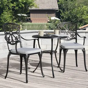 3-Piece Outdoor Bistro Set with Zippered Cushions, Round 24 Inch Cast Aluminum Round Table with 1.77" Umbrella Hole and 2 Cast Aluminum Armchairs with Cushions, Black with Gold-painted Edge