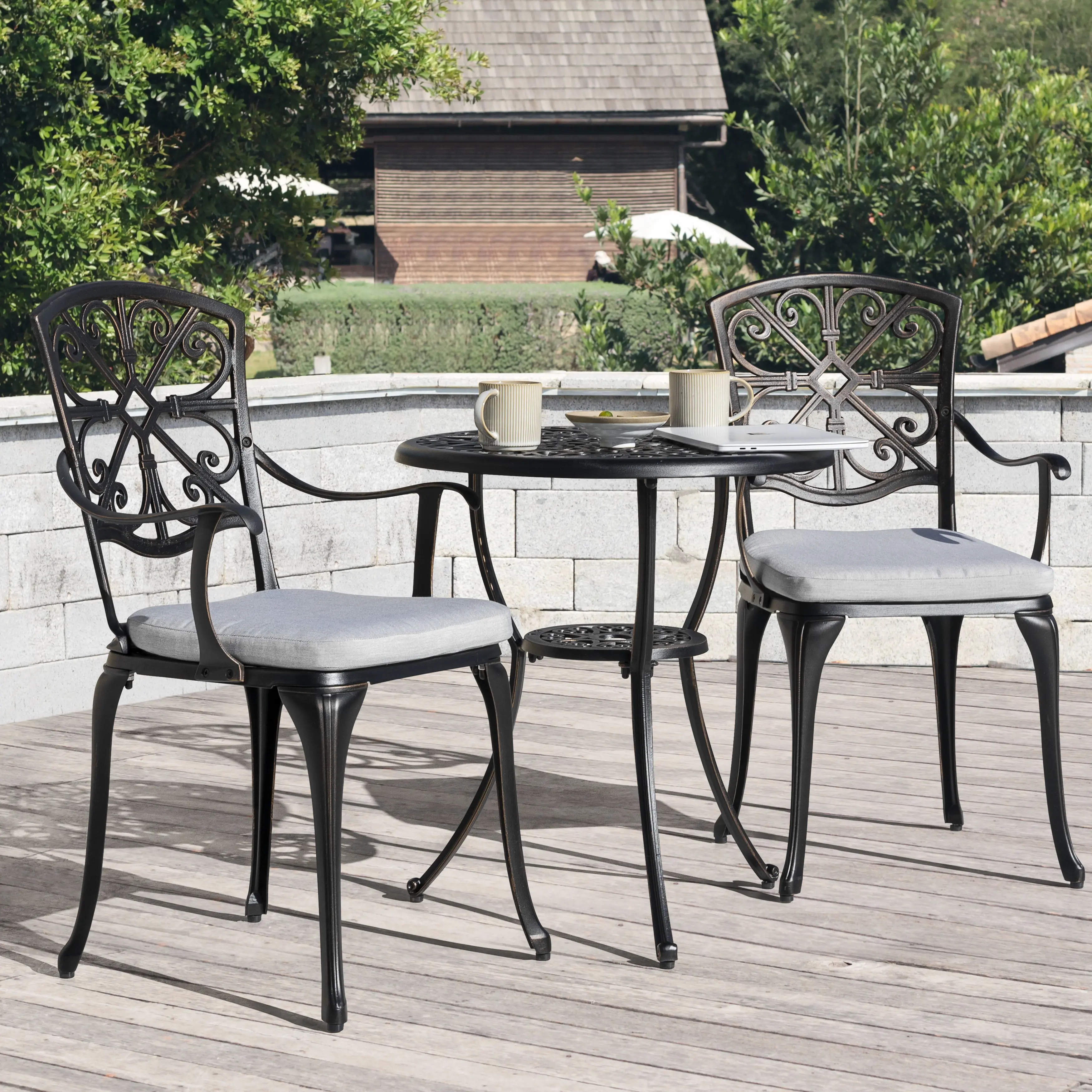 3-Piece Outdoor Bistro Set with Zippered Cushions, Black and Gray