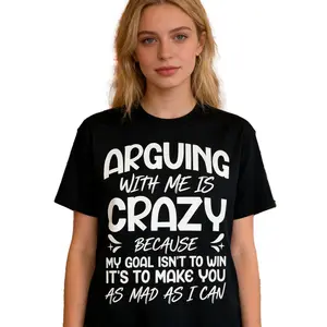 clothing merch flash sale shop deals Funny "Arguing with Me Pointless I Knew I Was Wrong" Lightweight Short Sleeve Tee with Humorous Print, Round Neck Casual Top for &, Gym,, Casual Attire - Machine Washable Funny Statement Shirt Crewneck Fabric