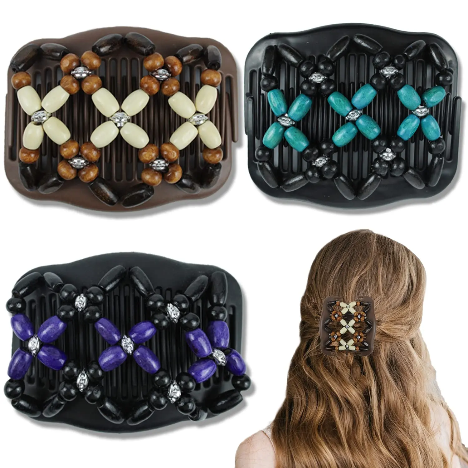 3-Piece Magic Hair Combs Set, Stretchy Wood Beaded Bun Maker with Smooth Teeth for Thick Curly Hair, Easy Styling for Concerts & Daily Use (3 Colors), Rubber, Curly Hairstyles