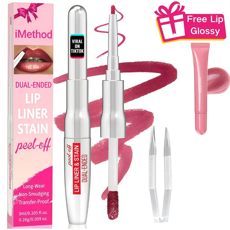 iMethod 2-In-1 Dual-Ended Peel Off Lip Stain Lip Liner Set with Tweezer, Waterproof Paraben-Free Transfer-Proof Makeup Products, Hydrating Long-Lasting Easy-to-Use for Adults, Nude Pink Bolder Color, C177891 CL 15510, All Skin Types