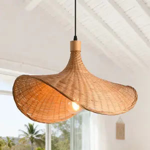 20" Werner Boho Handwoven Bamboo Pendant Light, Adjustable Farmhouse Ceiling Hanging Lamp for Kitchen Island Dining Living Room