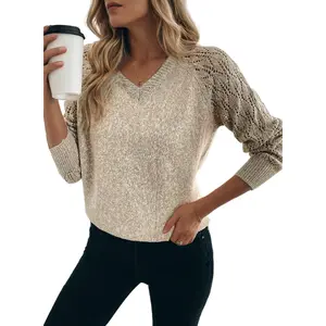 Dokotoo Ladies Crochet Sweaters 2026 Long Sleeve V Neck Lightweight Sweater Hollow Out Cable Knit Pullover Office Clothes Jumper Summer Tops for Women Loose