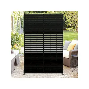 Black/Horizontal Slat- Metal Privacy Screen 72" H X 47" W, Outdoor Privacy Screens And Panels, Freestanding Decorative Fence For Patio Lawn Garden Deck Balcony, 3-Panel Outdoor Divider With Stand Modern Furniture Design Home