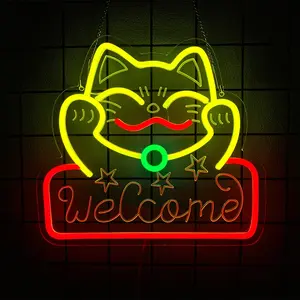 Lucky Cat Welcome Neon Wall Decor LED Commercial Welcome Light Cute Cat Lamp Perfect for Home, Pet Shops, Parties, Bars, Bedrooms