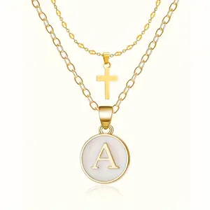 18K Golden Plated Stainless Steel Initial Letter & Cross Pendant Necklaces 2-Pack Set, Elegant Layered Script Letters, Thanksgiving Gift