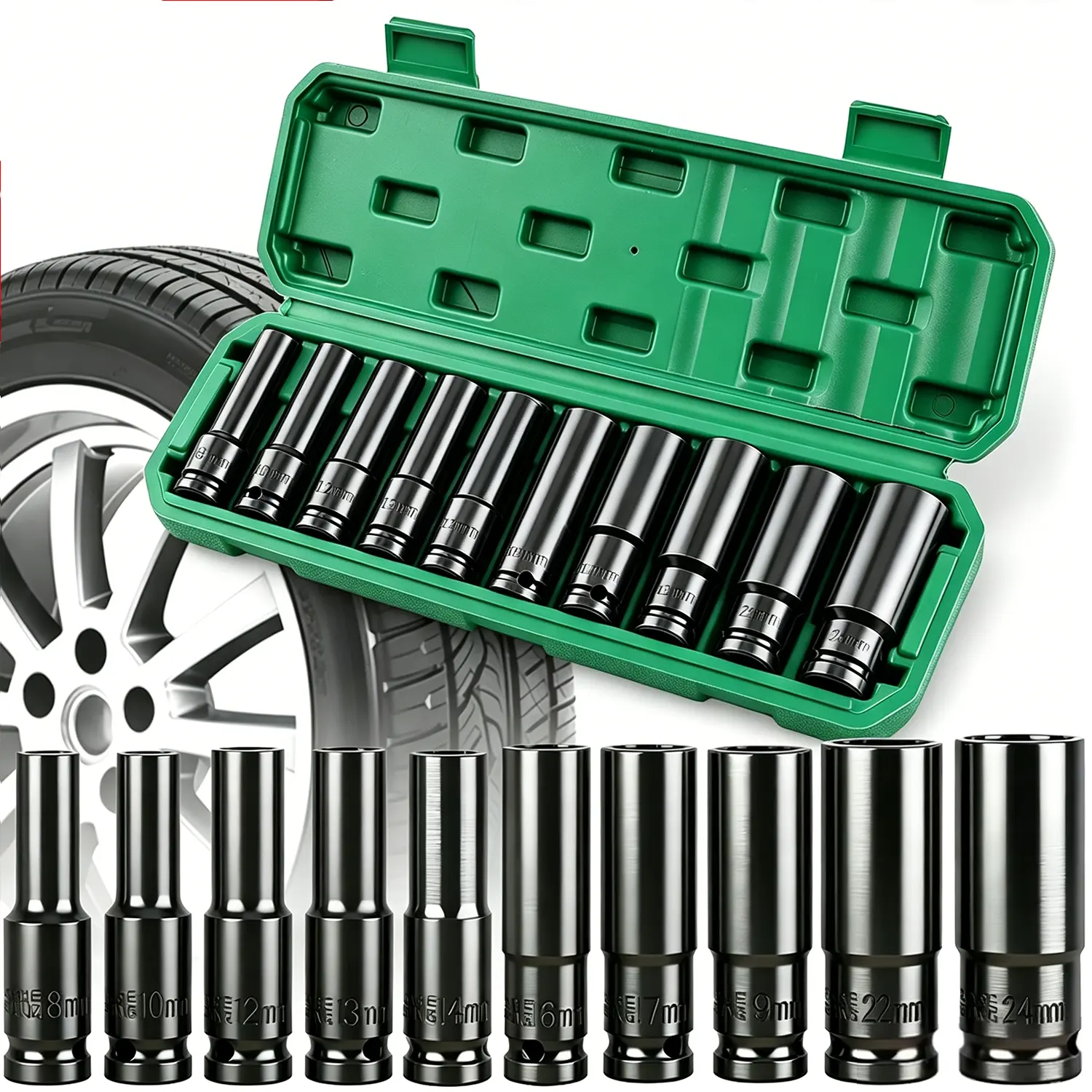 QZDASHU 10Pcs 1/2" Drive Deep Impact Socket Set, Metric 8-24mm High Carbon Steel Long Sockets, for Electric Impact Wrench Car Tire Repair with Storage Case
