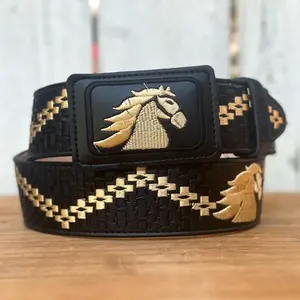 Black and Gold “Caballo de Oro” Western Style Belt Made with Genuine Leather and Embroidery