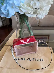 Pre-owned Louis Vuitton Leather and PVC Toiletry Bags Monogram Giant Beach Pouch Red