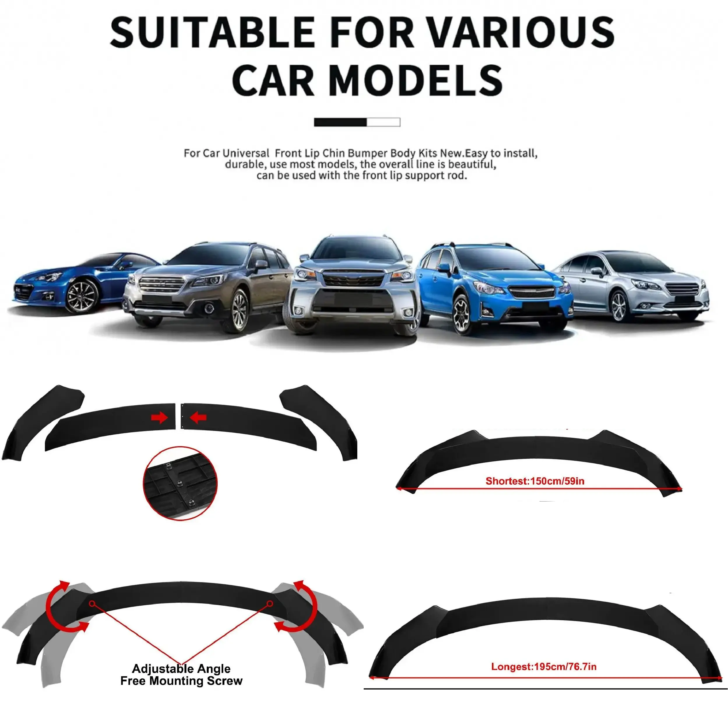 Universal Car Black Front Bumper Lip Chin Spoiler Splitter Body Kit For Impreza Civic Golf Subaru Premium PVC Material Valentine's Day Gift Automotive Car Accessories