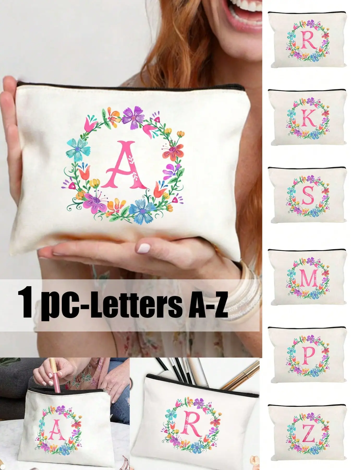 Personalized English initial makeup bag, stylish watercolor floral makeup bag, simple zippered cosmetic bag, zippered travel toiletry bag, nail polish storage bag, makeup brush storage pouch, gift bag, can be used for cosmetics