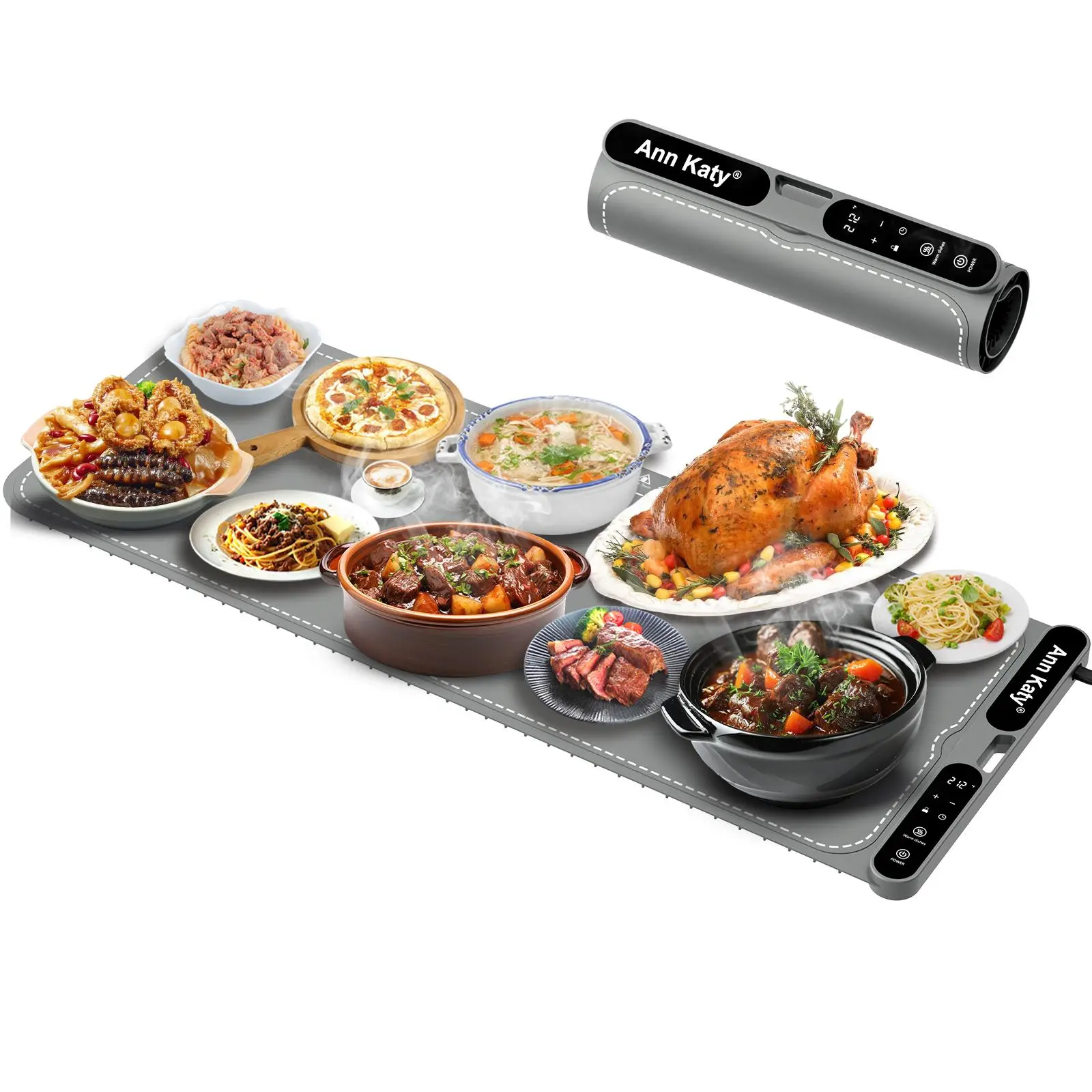 Ann Katy Food Warming Mat, XXXL 39"x15" Fast Heating Portable Rectangular Silicone Buffet Warmer with 7 Temp Levels, 8-Hour Timer Lock for Parties and Family Gatherings, Xxxl Size, 550W, Collapsible, Food Grade, Non-Toxic, With Lock, Corded