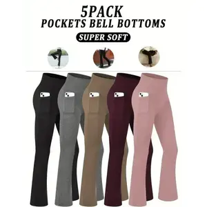 5-Pack Women's Super Soft Flare Pants With Pockets, High Waisted Tummy Control Athletic Yoga Boot Pants