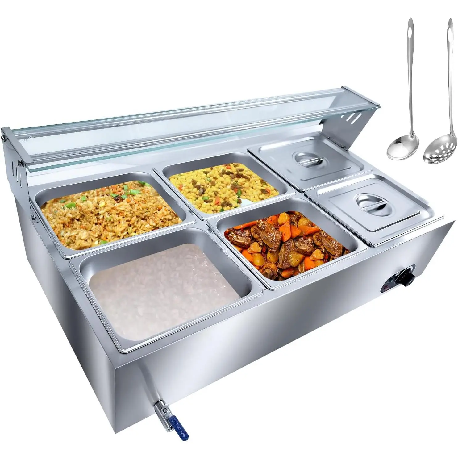 GARVEE 6-Pan Commercial Food Warmer, 72 Qt Electric Bain Marie with 6 in Deep Pans,Steam Table with Tempered Glass Cover, 1500W Countertop Stainless Steel Buffet Bain Marie 86-185°F Temp Control