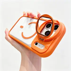 Orange Silicone Phone Case for iPhone 17/16/15/14/13 Pro Max - Unisex, Simple Stylish Design, Integrated Foldable Lens Cover That Doubles as Stand, Anti-Drop, Anti-Slip Protection