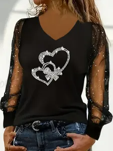 New V Neck Mesh Sleeve Sequins Rhinestone Heart Fitted Top, Elegant Women's Blouse, Fashionable Party Wear, Stylish and Comfortable