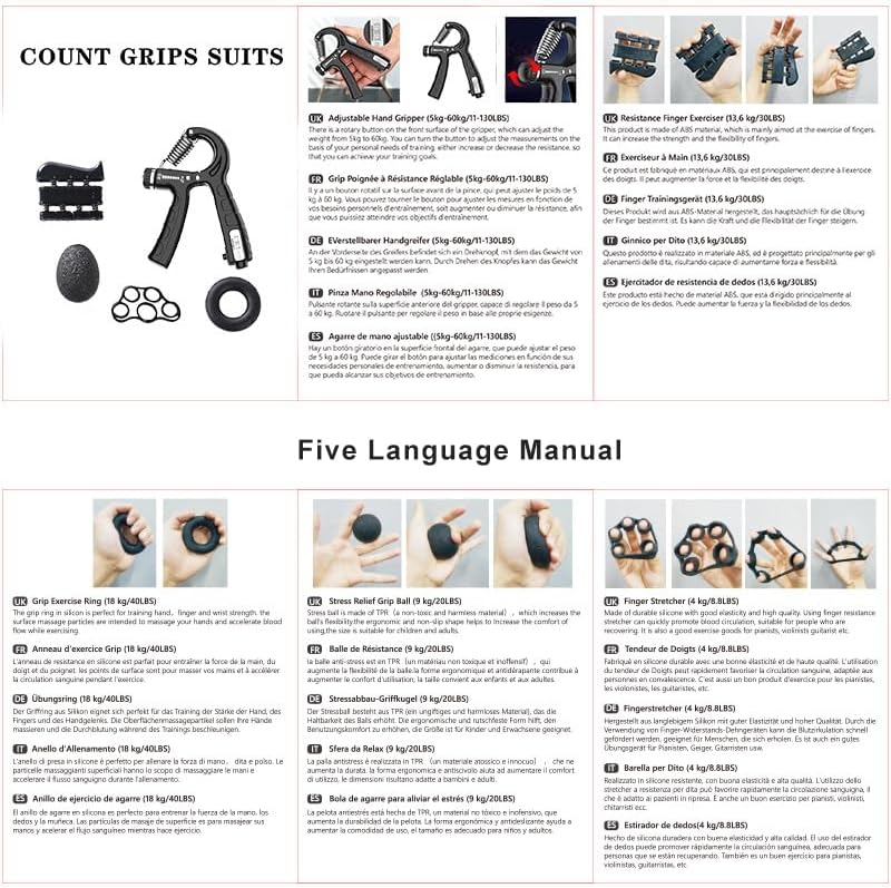 Professional 5-in-1 Hand Grips & Strength Training Accessory Kit for Athletes, Complete Set for Forearm Workouts with Adjustable Gripper and Finger Exerciser, Hand Grips For Strength Training, Exercise Fitness Equipment