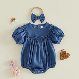 Imcute Infant Baby Girls Denim Romper Outfits Short Sleeve Round Neck Denim Onesie Bodysuit Headband Summer Clothes Set