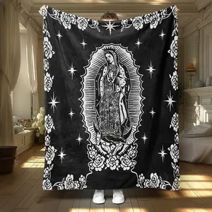 Virgin Mary Pattern, Floral Blanket, 1 Count Soft Warm Throw Blanket, Air-conditioned Room Blanket, Bedroom Decor, Gift for Friend, Rose Bouquet Blanket