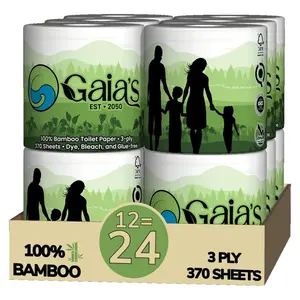 Gaias Premium Organic 100% Bamboo Toilet Paper, 3 Ply - Eco-Friendly, Sustainable Tissue - 12 Double Rolls & 370 Sheets/Roll - Plastic Free Packaging, Septic Safe & Biodegradable - FSC Certified