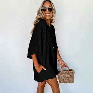 Black Half Button Collared Loose Romper