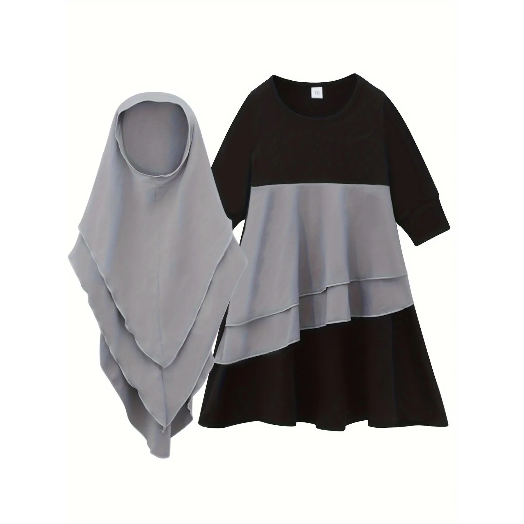 Girls' Abaya Set, 2-Piece Solid Modest Wear with Headscarf, Long Sleeve High-Stretch Polyester Blend for Spring/Fall, Plain, 4-5Y, 3-4Y