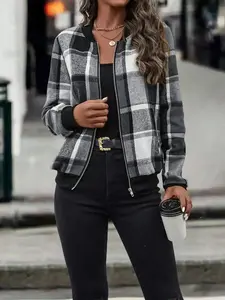 Women's Plaid Print Zip Up Bomber Jacket Casual Long Sleeve Baseball Collar Outerwear for Spring Fall Daily Wear Zipper, Versatile, Comfort, Style, Outfit, Essential, Trendy, Chic, Elegant, Classy, Modern
