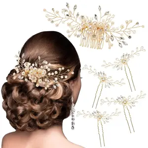 Hair Comb and 4 Pins Bridal Hair Accessories,   Rhinestone Wedding Hair Comb and Hair Pins for Brides Bridesmaids Women Girls (, 5 count)