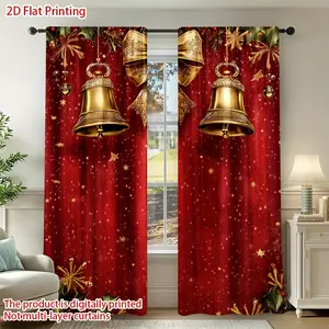 2pcs Gold Christmas Bell Curtains - Red and Gold Holiday Curtains with Semi-Transparent Panels, Lightweight Pocket Window Decorations, Suitable Living Room, Bedroom, - Easy to Hang Cordless Design, Machine Washable Fiber Curtains, Suitable Christmas Decor