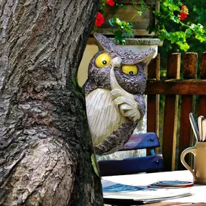 Owl Garden Statue Outdoor Decoration, Bird Deterrent Resin Sculpture, Tree Face Art for Patio, Ideal Moving Gift, Yard Ornament