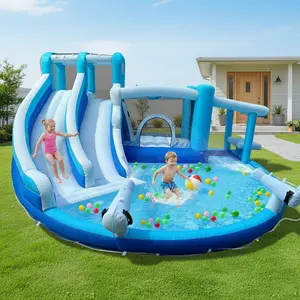 Blue White Kids Inflatable Double Water Slide With Bounce House Jumping Castle Climbing Wall Large Splash Pool Backyard Water Park Swimming Pool Summer Fun