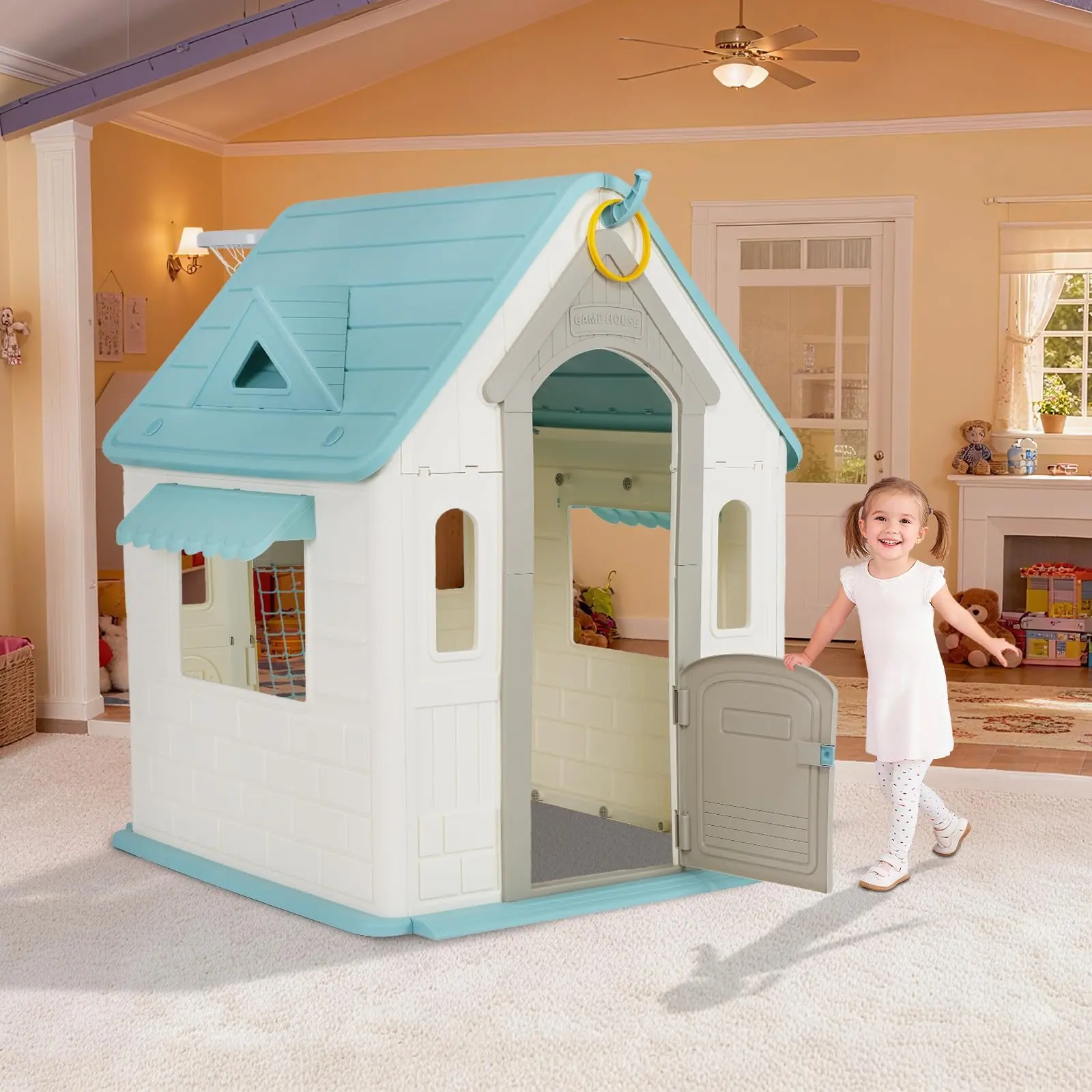 Multifunctional Kids Playhouse Cottage – Outdoor & Indoor Play Tent with Basketball Hoop, Soccer Goal, Magnetic Dartboard, Ring Toss – Durable Toy Clubhouse for Boys & Girls