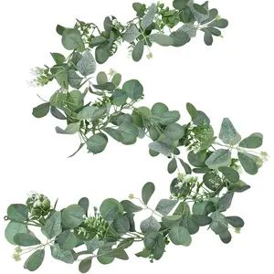 6.2ft Artificial Eucalyptus Garland with Butterfly Leaves and White Flowers Full Faux Greenery Vine for Wedding Arch Fireplace Mantel Table Centerpiece Party and Home Decor