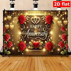 Romantic Anniversary Party Banner, Polyester Backed, Rose, Gold Heart, Shiny Stars, Indoor Outdoor Decor, Photo Background, Home Garden Studio