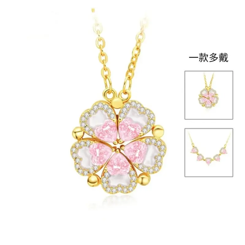 S925 Sterling Silver Heart Shape and Five Leaf Clover Convertible Pendant Necklace Crystals Jewelry for Women