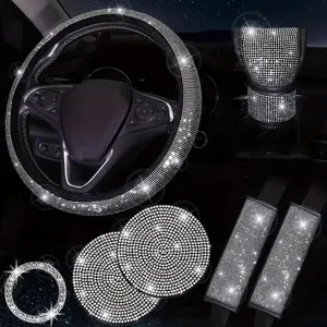 Bling Car Accessories for Women, Bling Steering Wheel Cover Bling Car Coasters Bling Set Seat Belt Shoulder Pads Ring Emblem Sticker Gear Shift Cover, Car Interior Decor