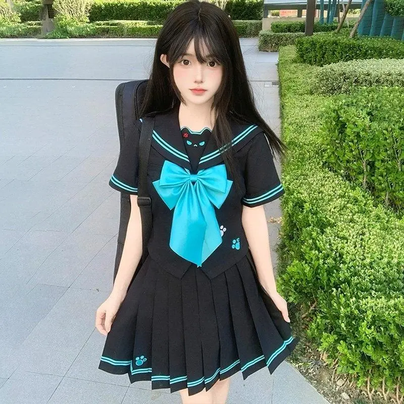 Japanese JK Sailor Uniform Two Piece Set, Turquoise Bow Paw Embroidery Summer School Outfit