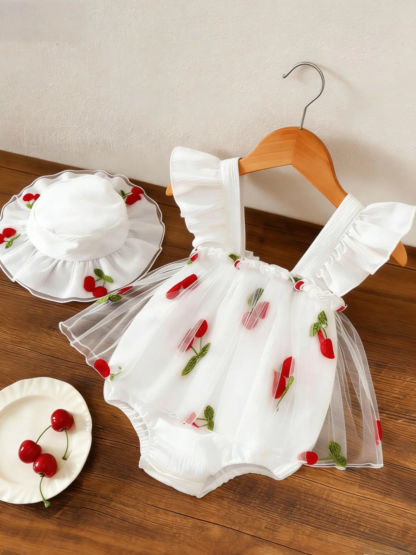 2026 New Baby Girl Onesie with Hat, Sleeveless Cherry Pattern Mesh Bodysuit, Adorable Flutter Sleeve Jumpsuit for Spring Outdoor, Baby Girl Clothes, Baby Clothing