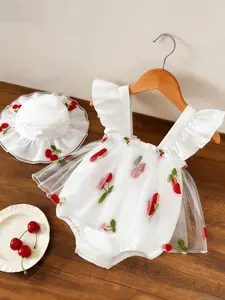 2026 New Baby Girl Onesie with Hat, Sleeveless Cherry Mesh Bodysuit, Adorable Flutter Sleeve Jumpsuit for Spring Outdoor